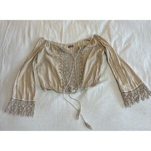Women's Top Size Large Cream Cropped Boho Peasant Blouse Cottagecore Romantic
